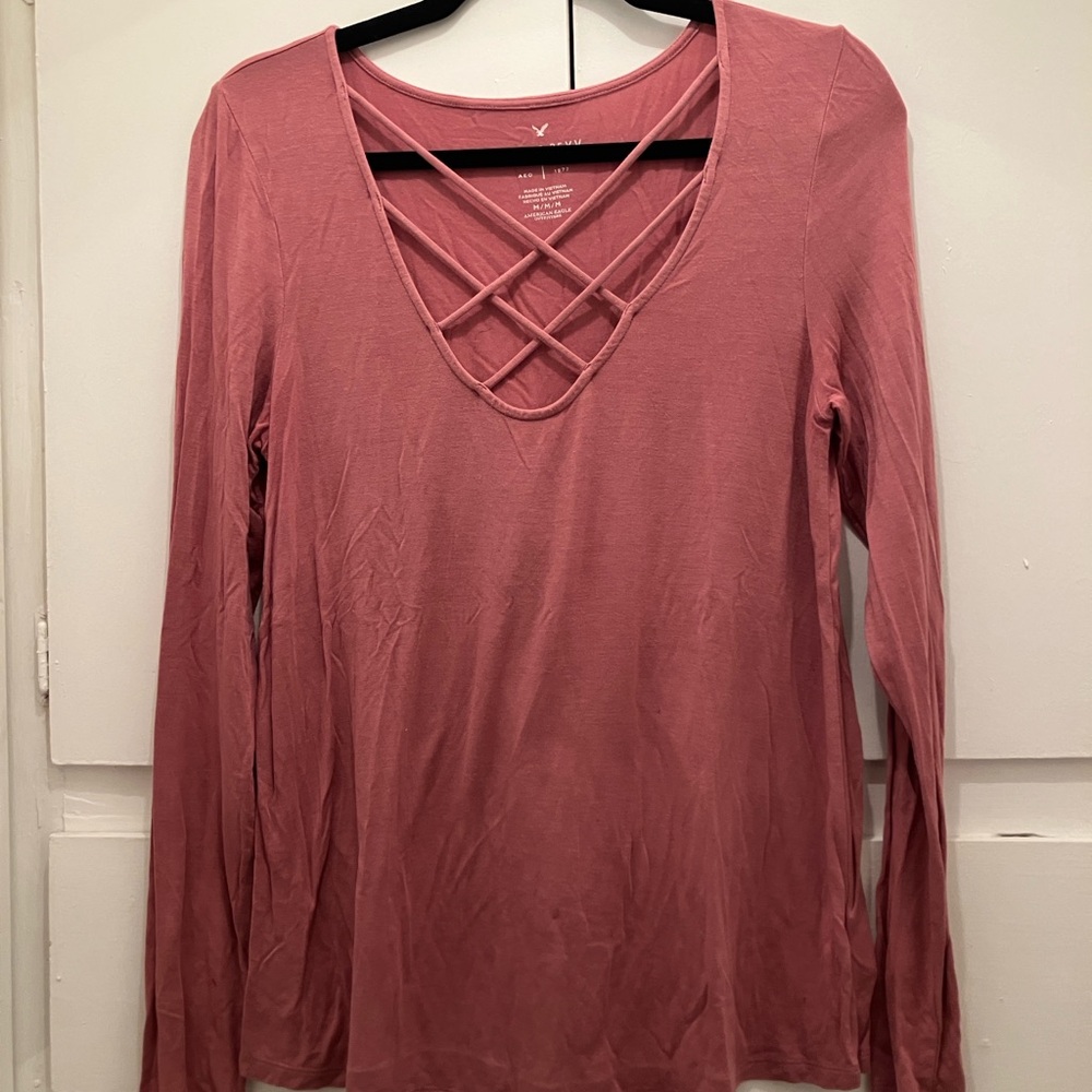 American Eagle Outfitters Dusty Pink Crisscross Long Sleeve Blouse
